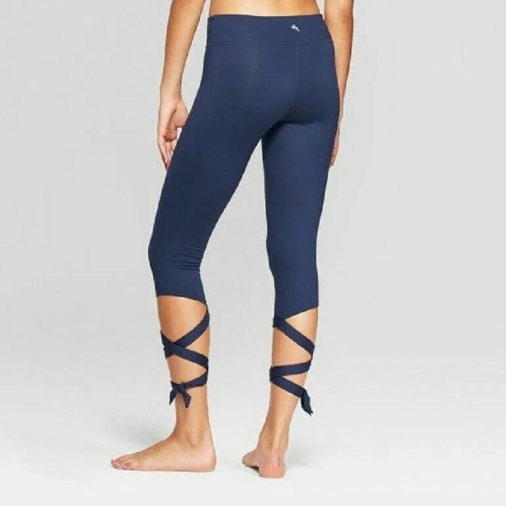 JoyLab XS Navy Blue Cropped Leggings Ankle Wrap Ties Yoga Athleisure NWT